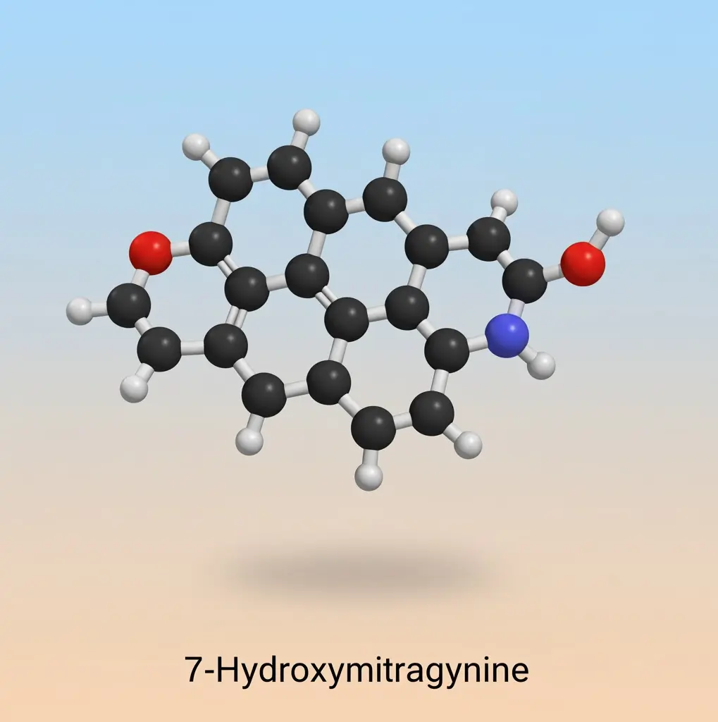 7-Hydroxymitragynine molecular structure showing chemical formula C23H30N2O5 with hydroxyl group at C-7 position