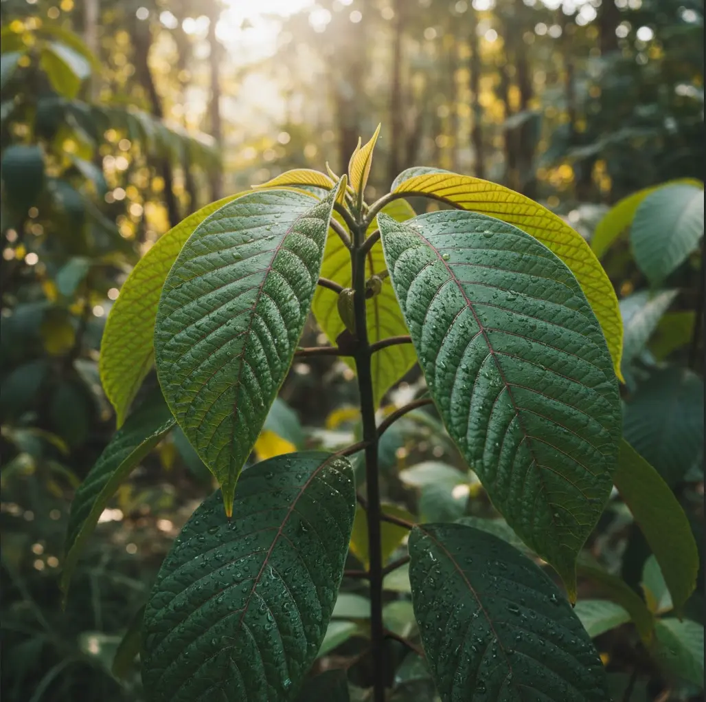 Mitragyna speciosa (kratom) plant leaves - natural source of 7-hydroxymitragynine alkaloid